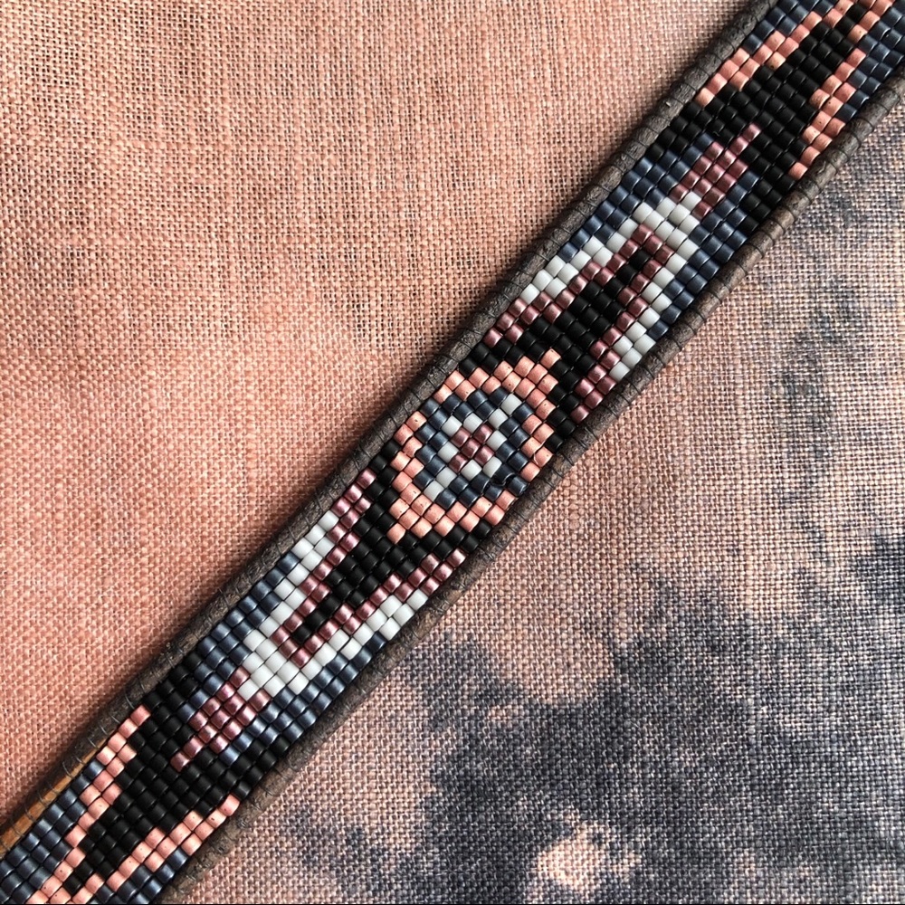 Beautiful Seed Bead Woven Bracelet w/ Leather trim